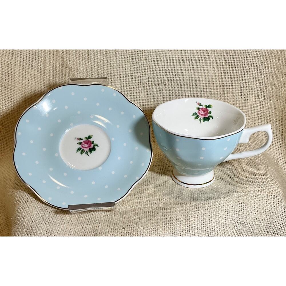 BTaT Brew to a Tea light blue polka dot rose pedestal tea coffee cup and saucer
